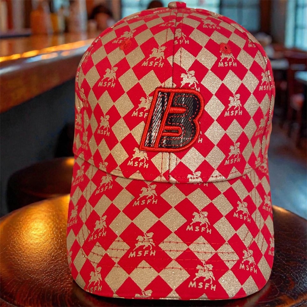 Red Gold Glitter Cap Checkerboard "B" Hat Adjustable Strap MSFH Streetwear